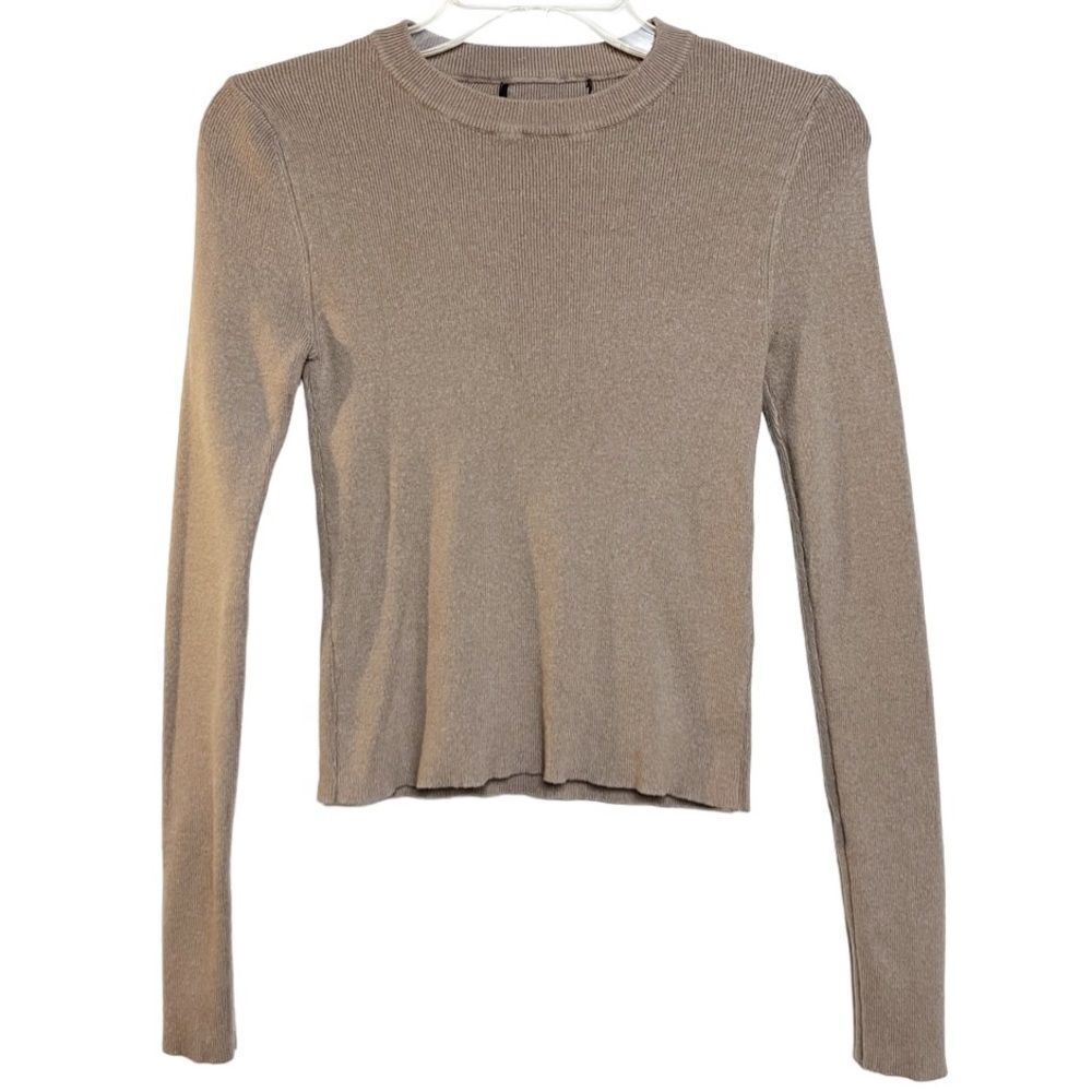 Ribbed Crew Neck Casual Long Sleeve Sweater Top Brown Size Small